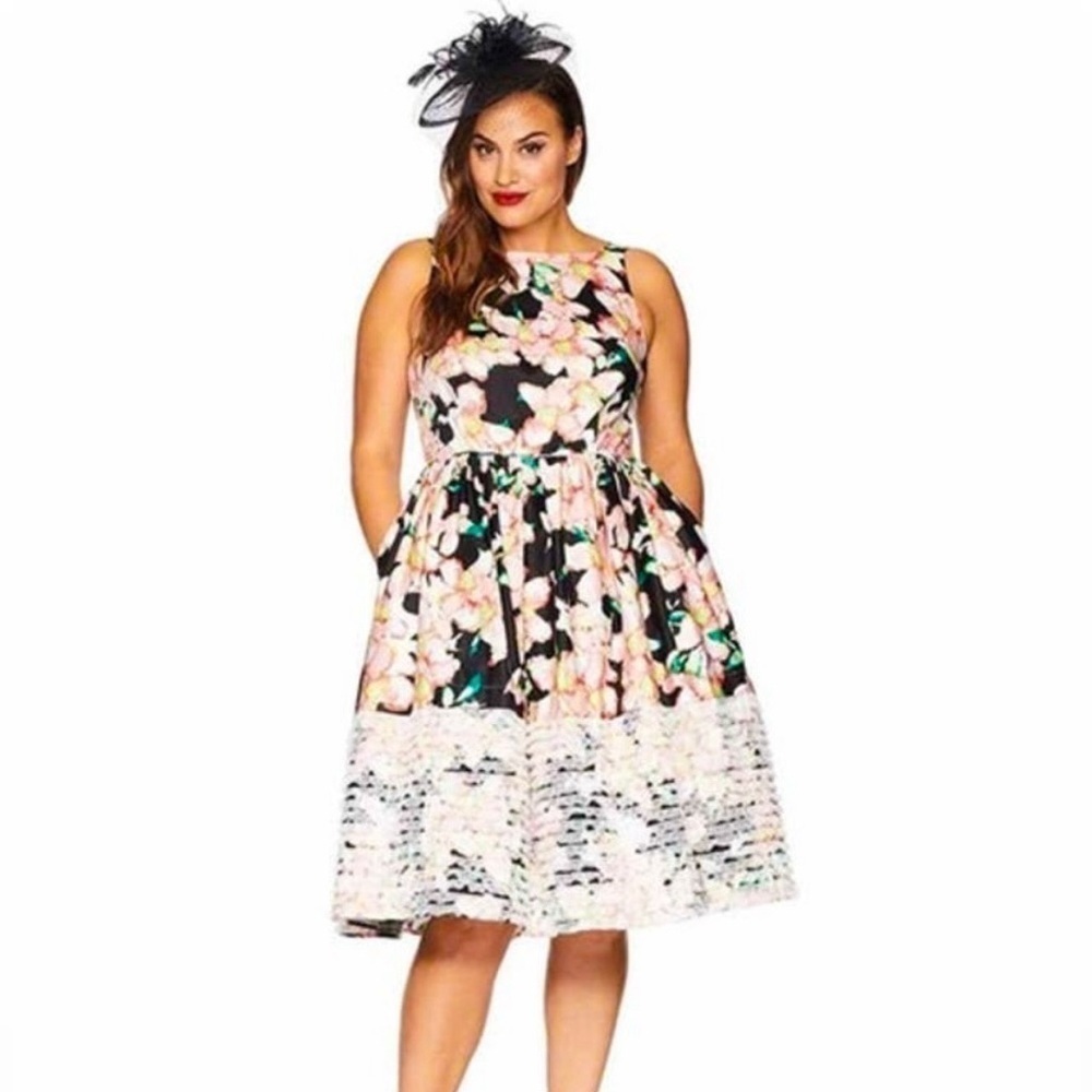 UNIQUE VINTAGE Floral Midi Dress Full Fit & Flare Lace Ruffle Hem Size Large